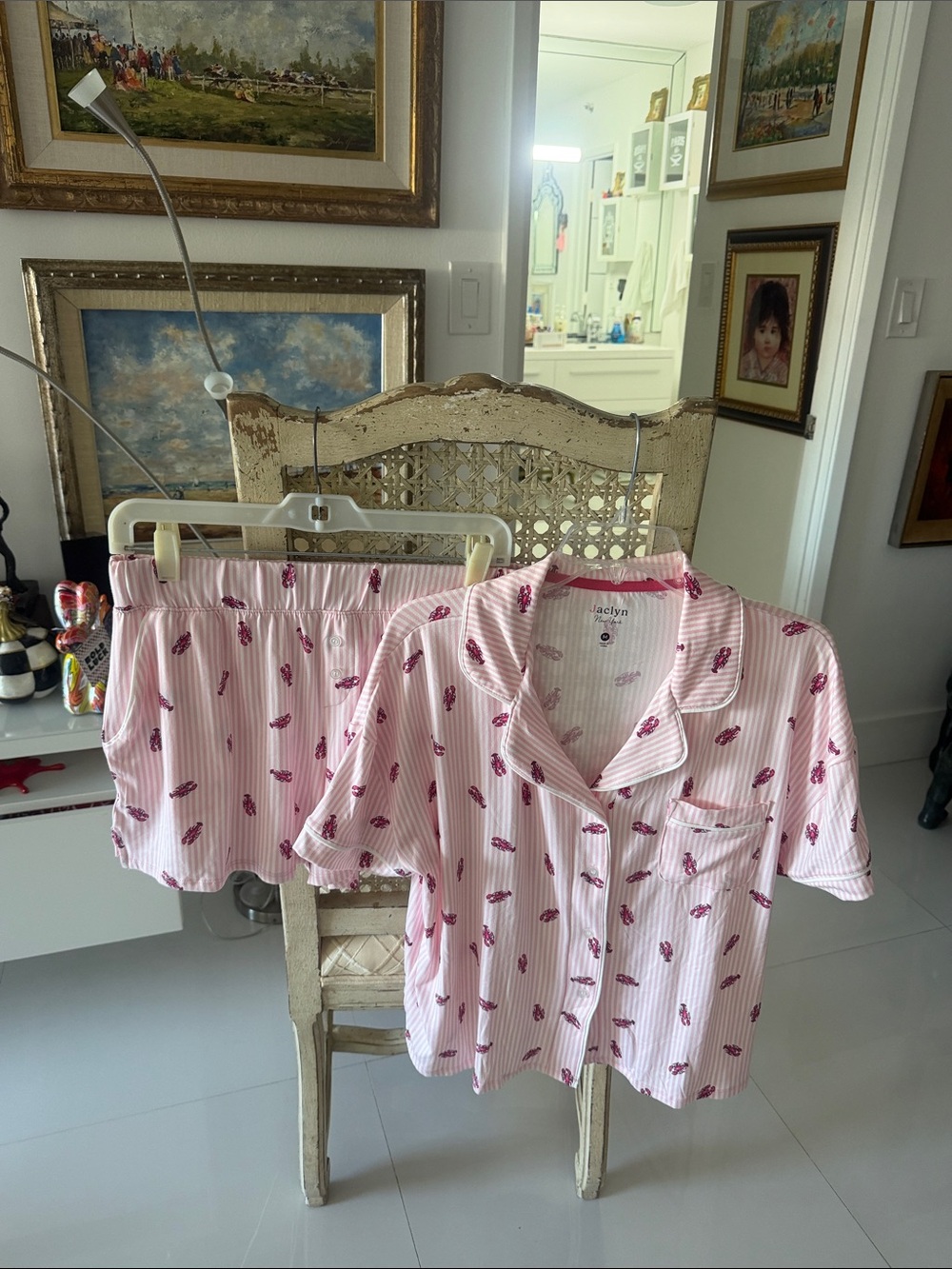 Jaclyn Smith Pink Striped Short Pajama Set with Lobster Print
